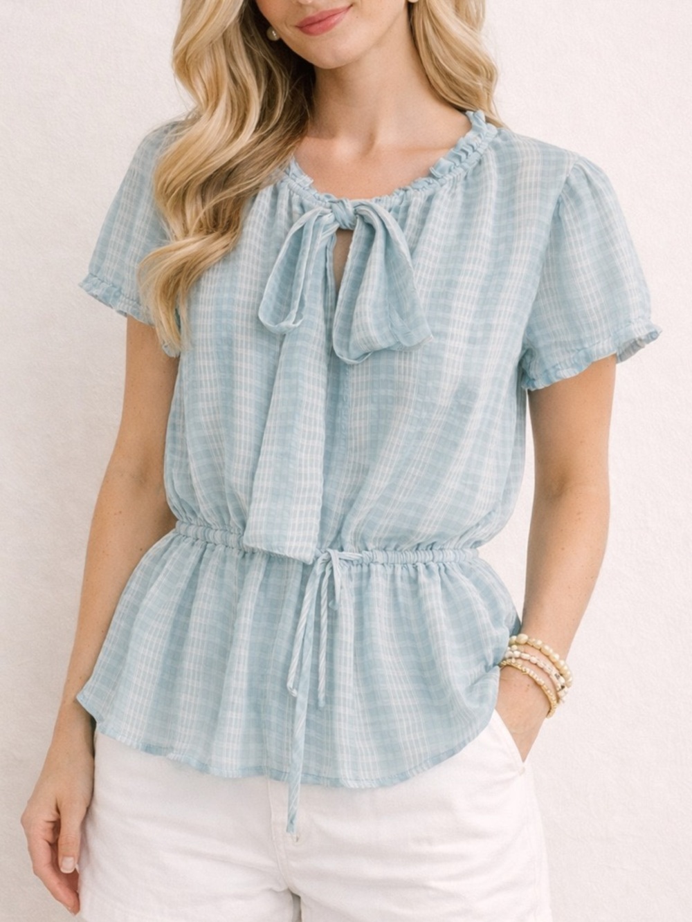 En Saison Sage Green Plaid Tie Neck Peplum Blouse Small Coastal Cottagecore Top